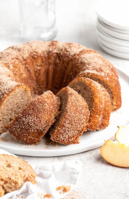 A close up of apple cider donut cake recipe ready to serve