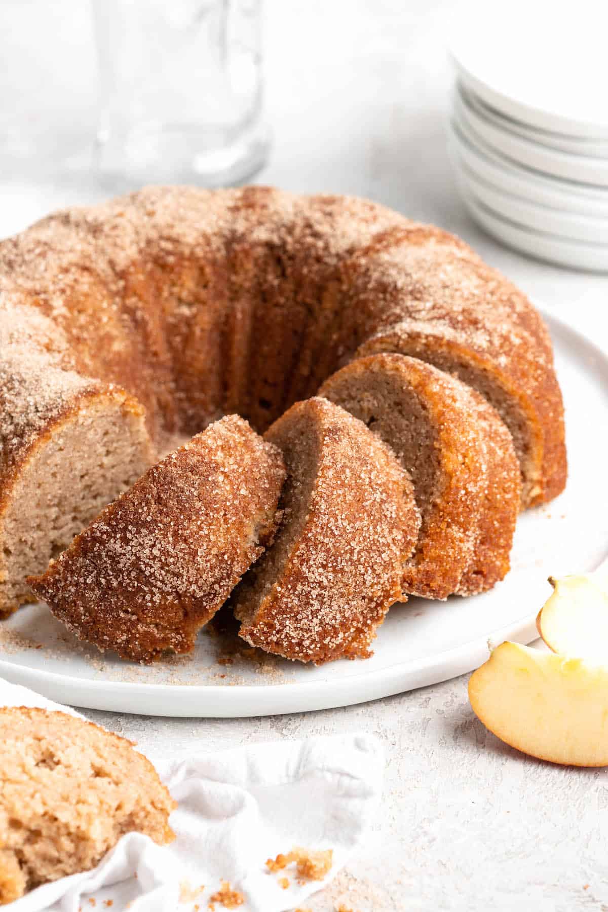 A close up of apple cider donut cake recipe ready to serve