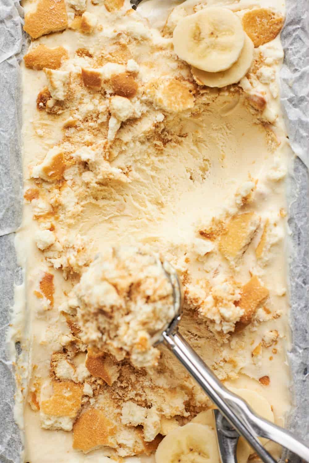 Banana pudding no churn ice cream being scooped to serve