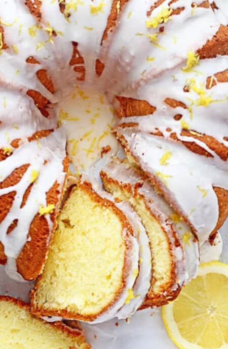 Overhead of lemon pound cake with slices cut.