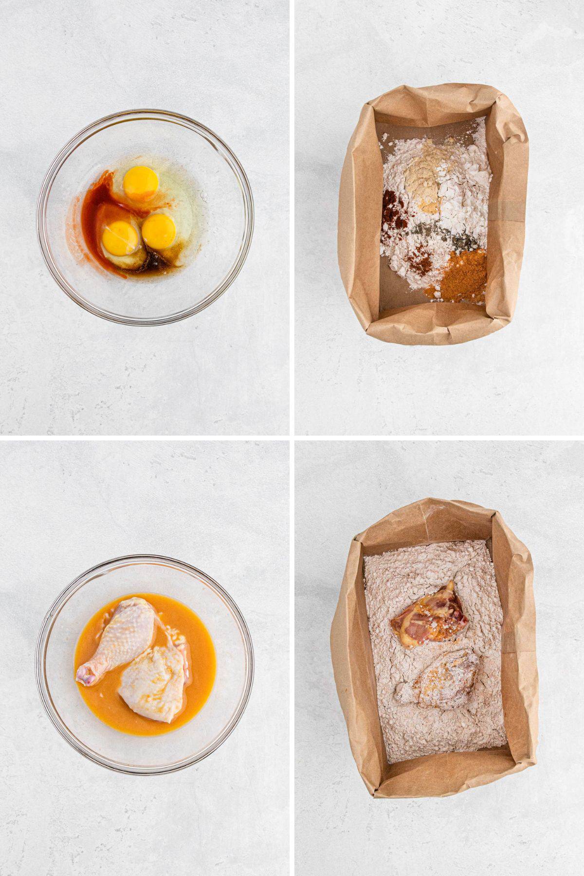 A collage of mixing the wet ingredients, dry ingredients, and dipping the chicken in each.