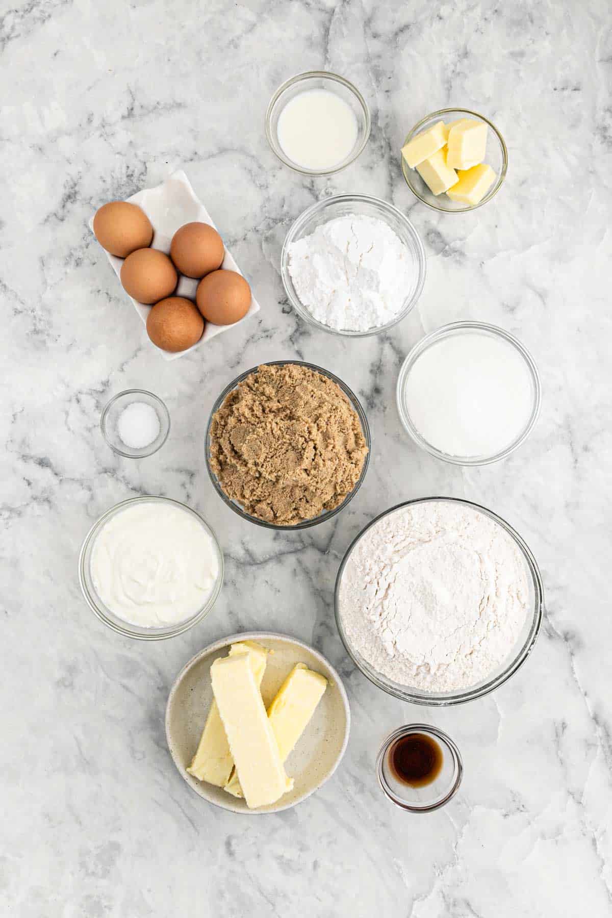 Ingredients to make brown sugar pound cake with brown butter glaze.