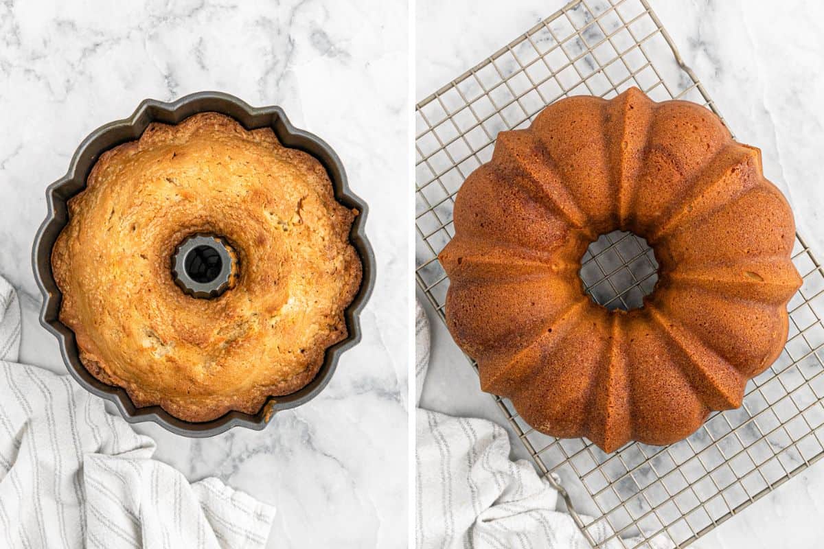 The baked brown sugar cake in the cake pan and then it turned out on a cooling rack.