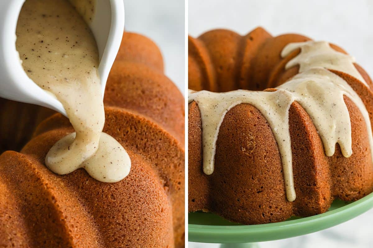 A collage of the icing being poured over the top of the cake and then the cake on a stand partially covered in icing that's dripping down the side.