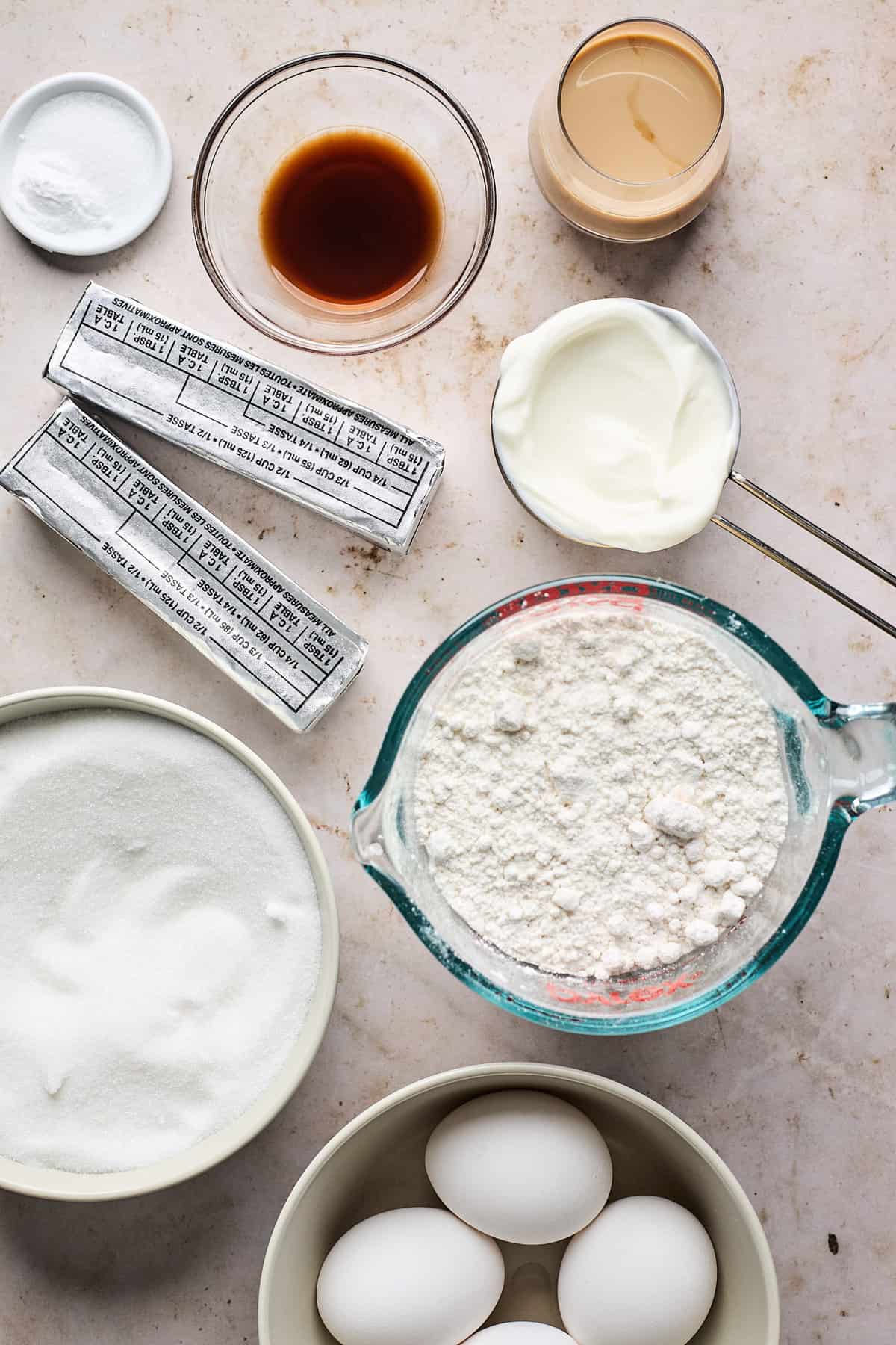 Ingredients to make the pound cake portion of this recipe on the table.
