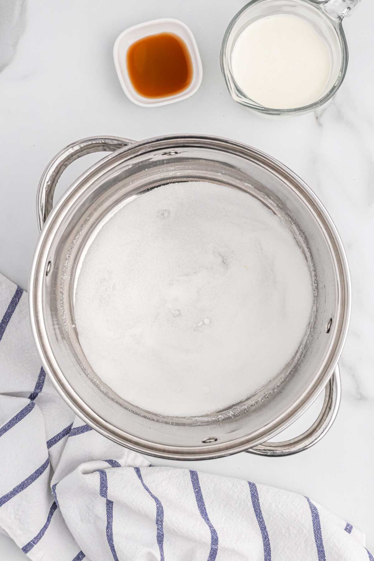easy caramel sauce Sugar melted in the pan to make caramel sauce.