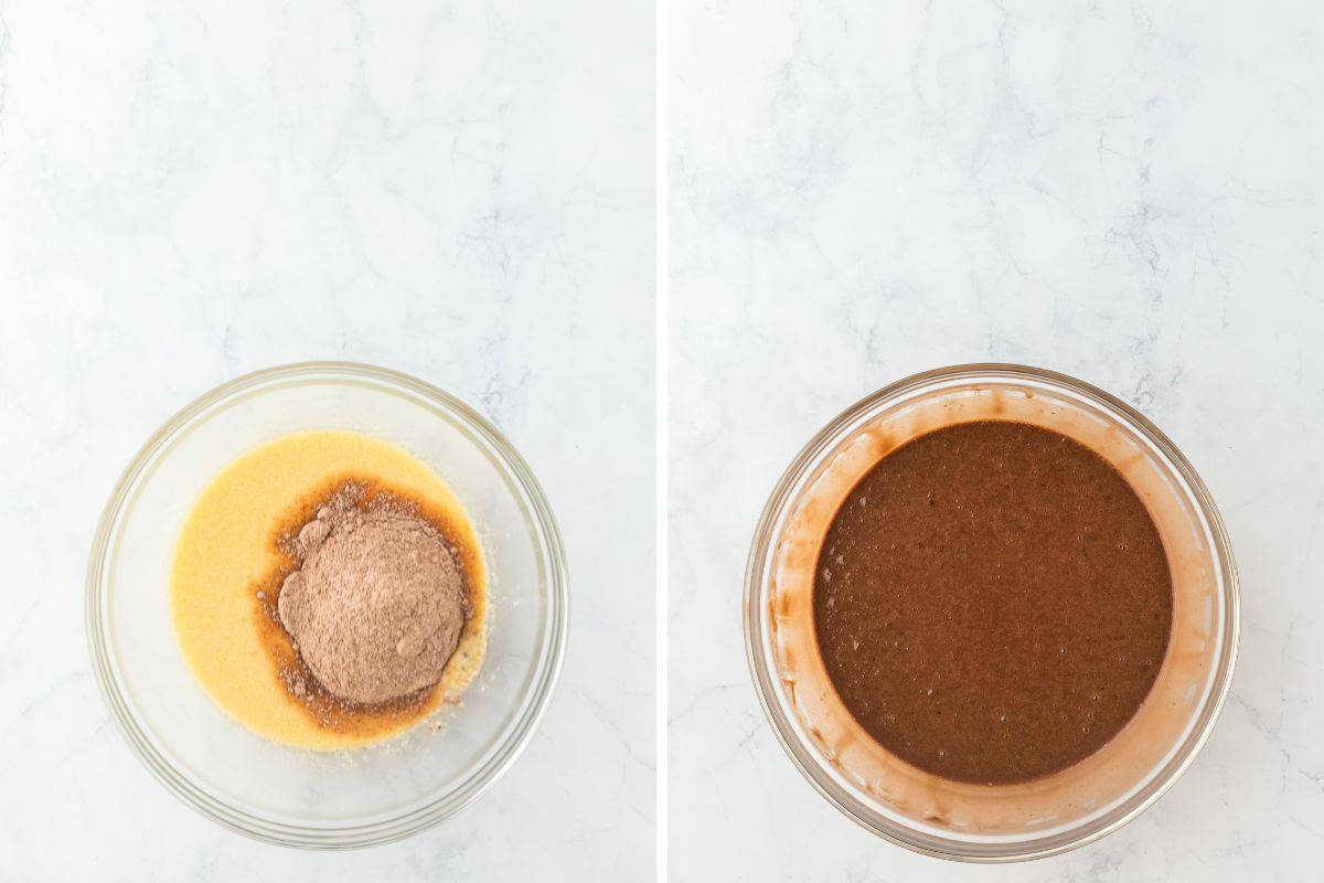 a collage of dry ingredients being added to wet ingredients and finished batter after whisking