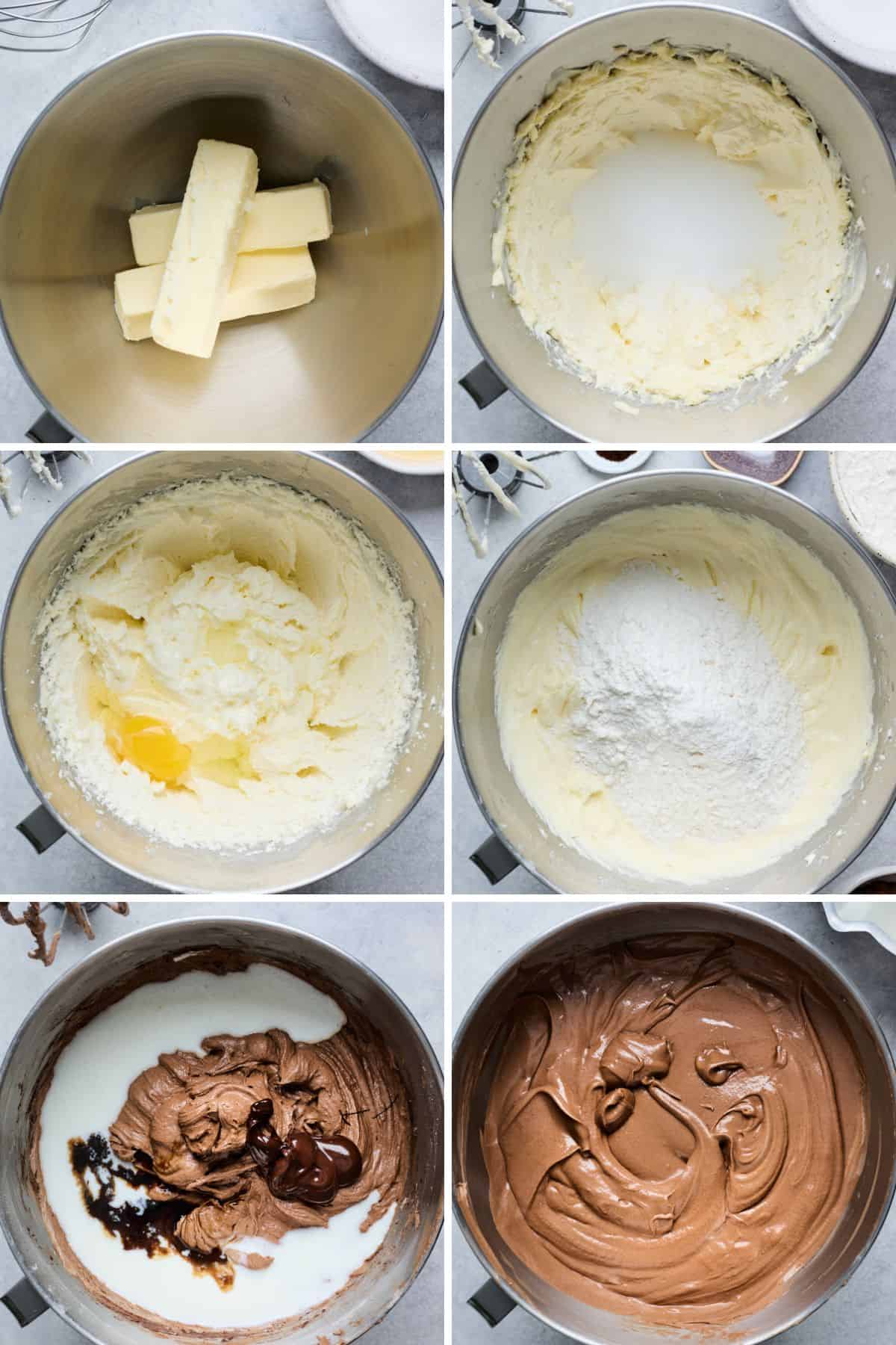 A collage of images showing the steps for mixing the cake batter.