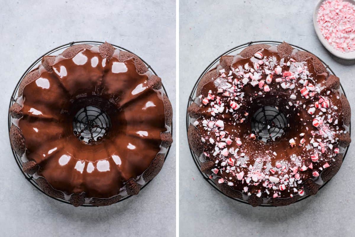 Collage of images of the cake with the ganache poured over the top and then peppermint candies sprinkled over the top.