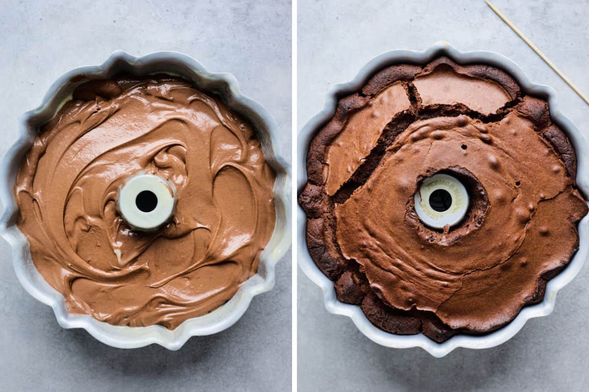 A collage showing the chocolate pound cake batter poured into the cake pan and then after baking.