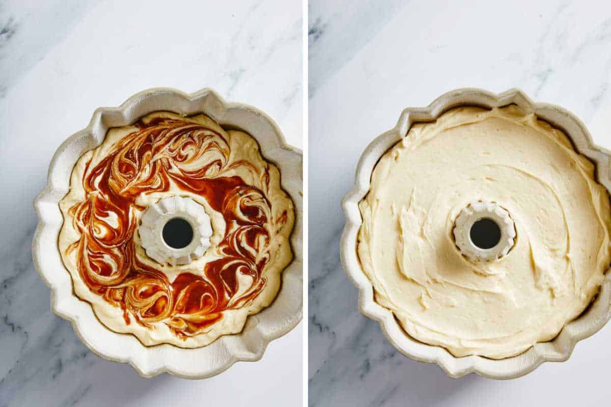 Collage showing cake poured into cake pan and cinnamon swirl then adding the rest of the batter on top.