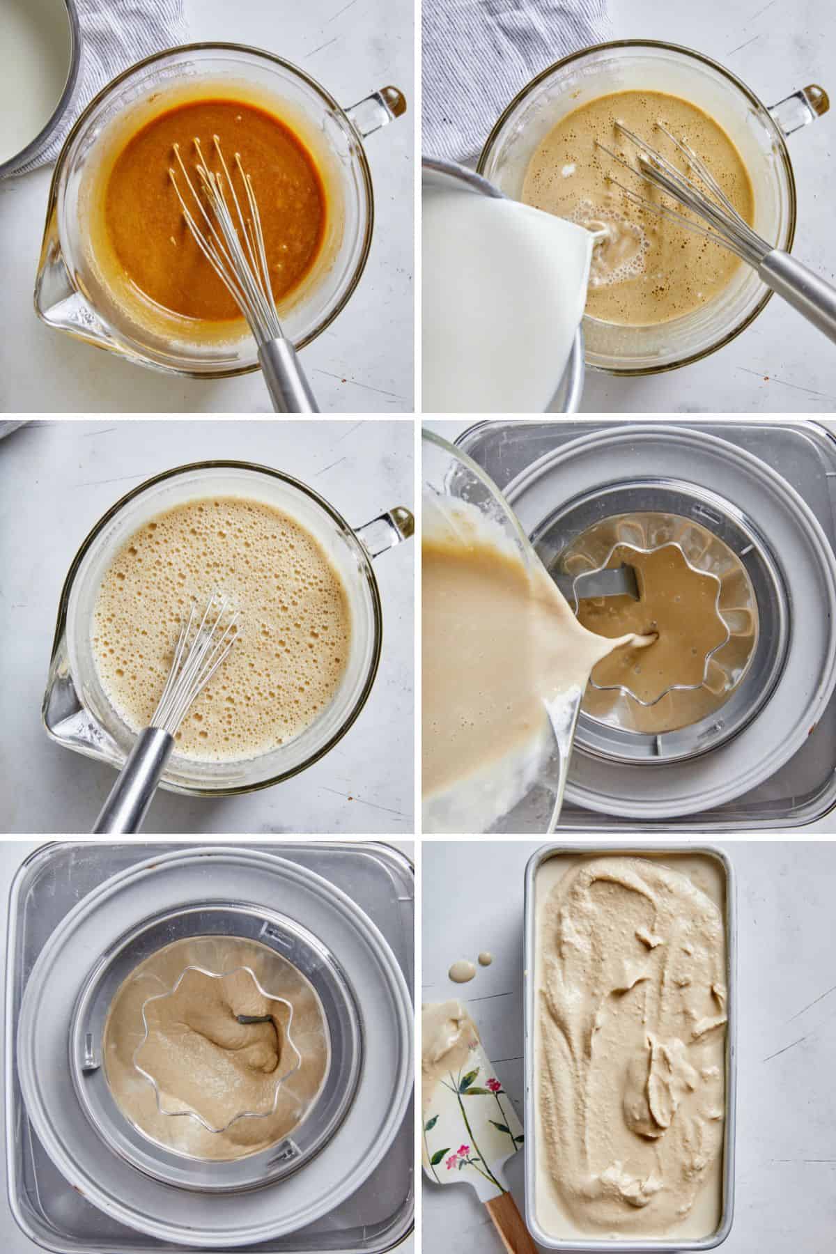 Collage of 6 images showing each step of making coffee ice cream