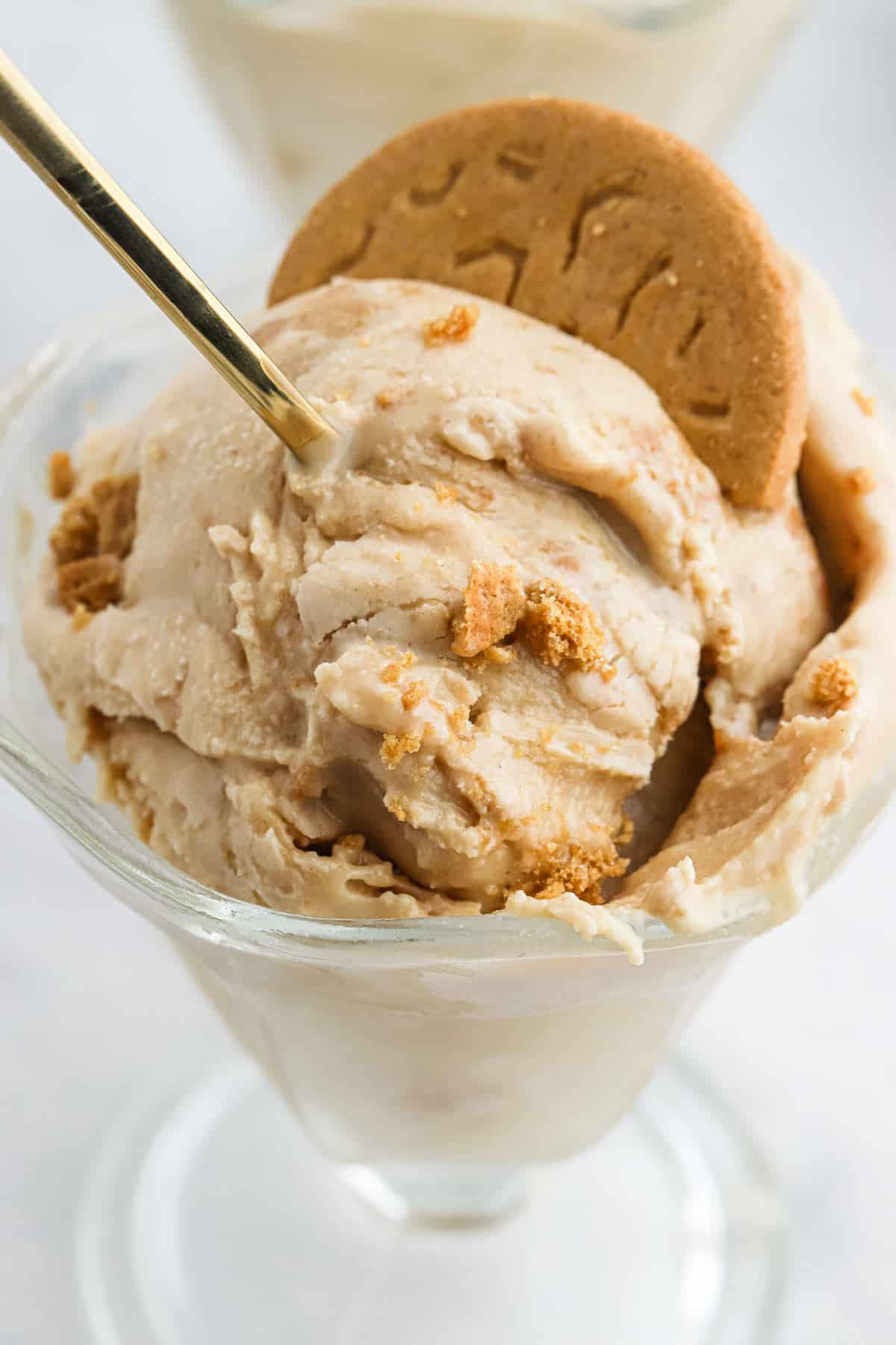 cookie butter ice cream A close up of scoops of cookie butter ice cream in a glass dish with a spoon.