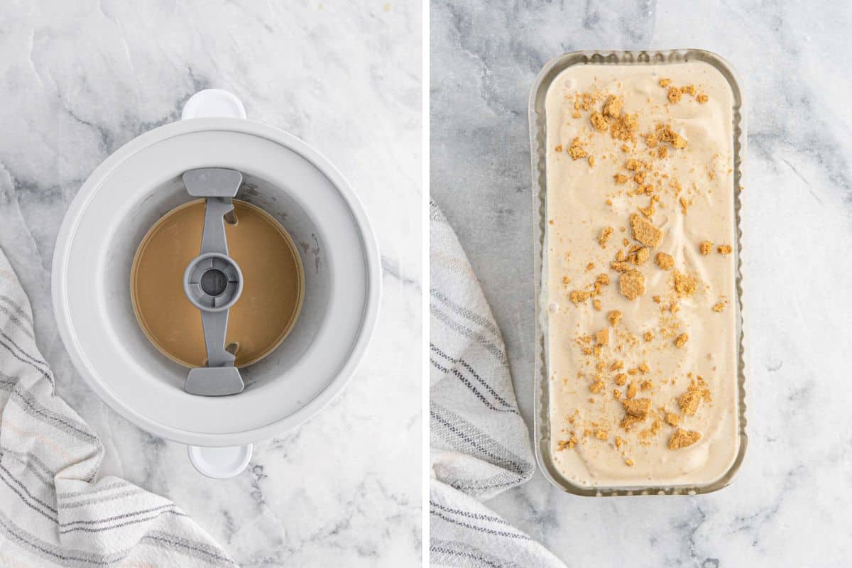 Collage of cookie butter ice cream in an ice cream freezer and then in a container topped with crushed cookies.