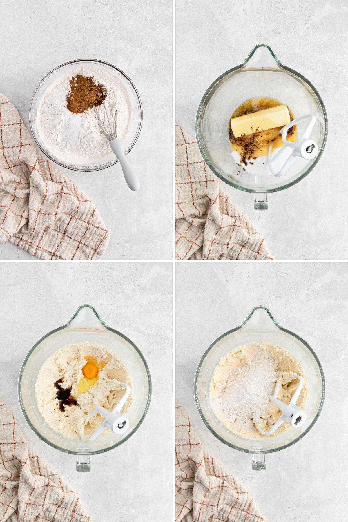A collage of images showing how to mix the cookie dough together to make Christmas butter cookies.