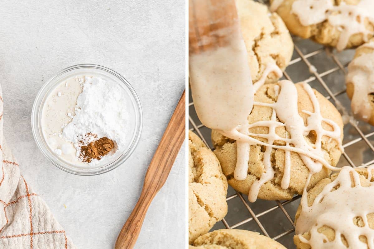 A collage of ingredients for icing in a bowl and then drizzling over the cookies.