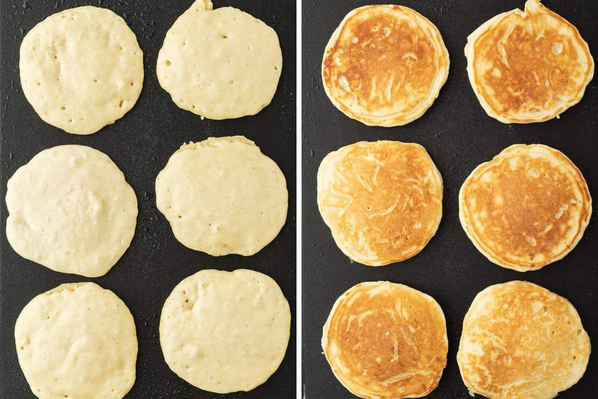 A collage of images showing pancake batter poured on a griddle and then after flipping to show cooked side.