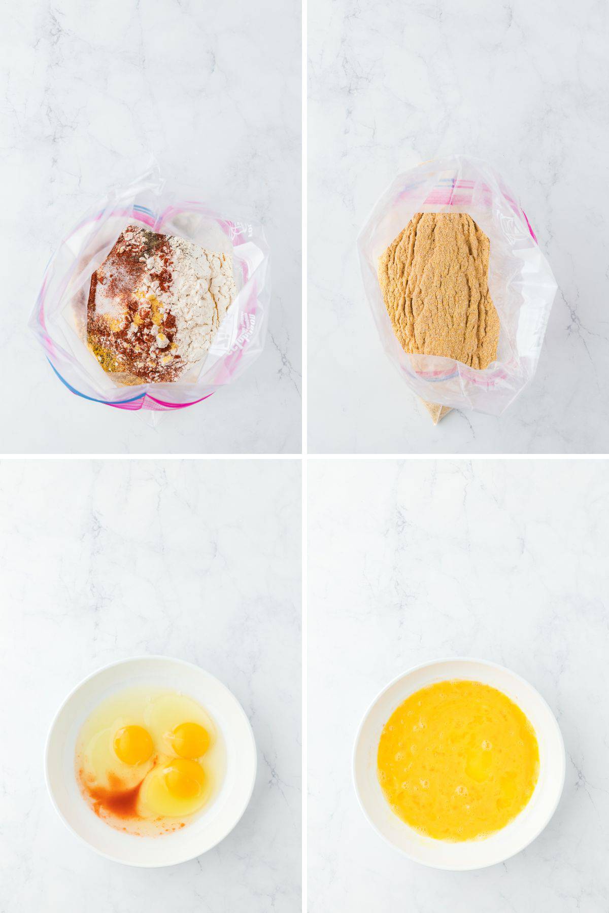 A collage of making fish fry mixture and eggs and hot sauce whisked together