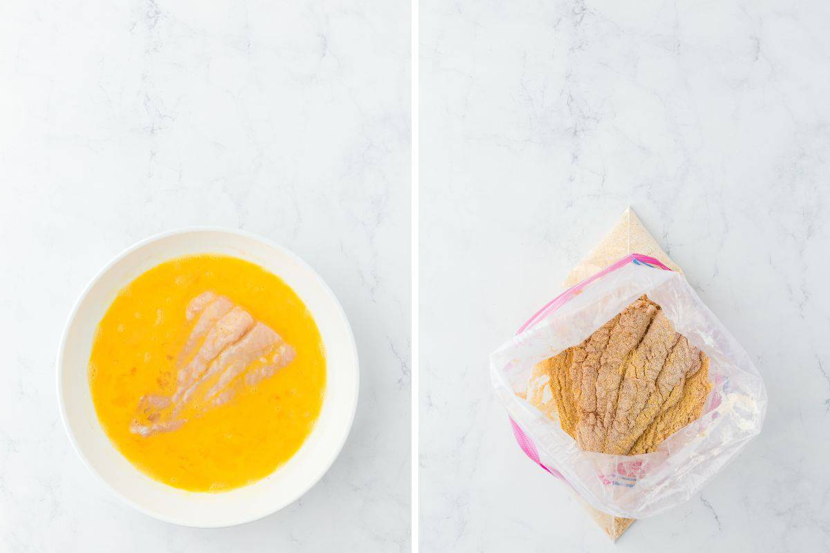 A collage of a fresh catfish fillet being added to egg mixture then to cornmeal coating before frying