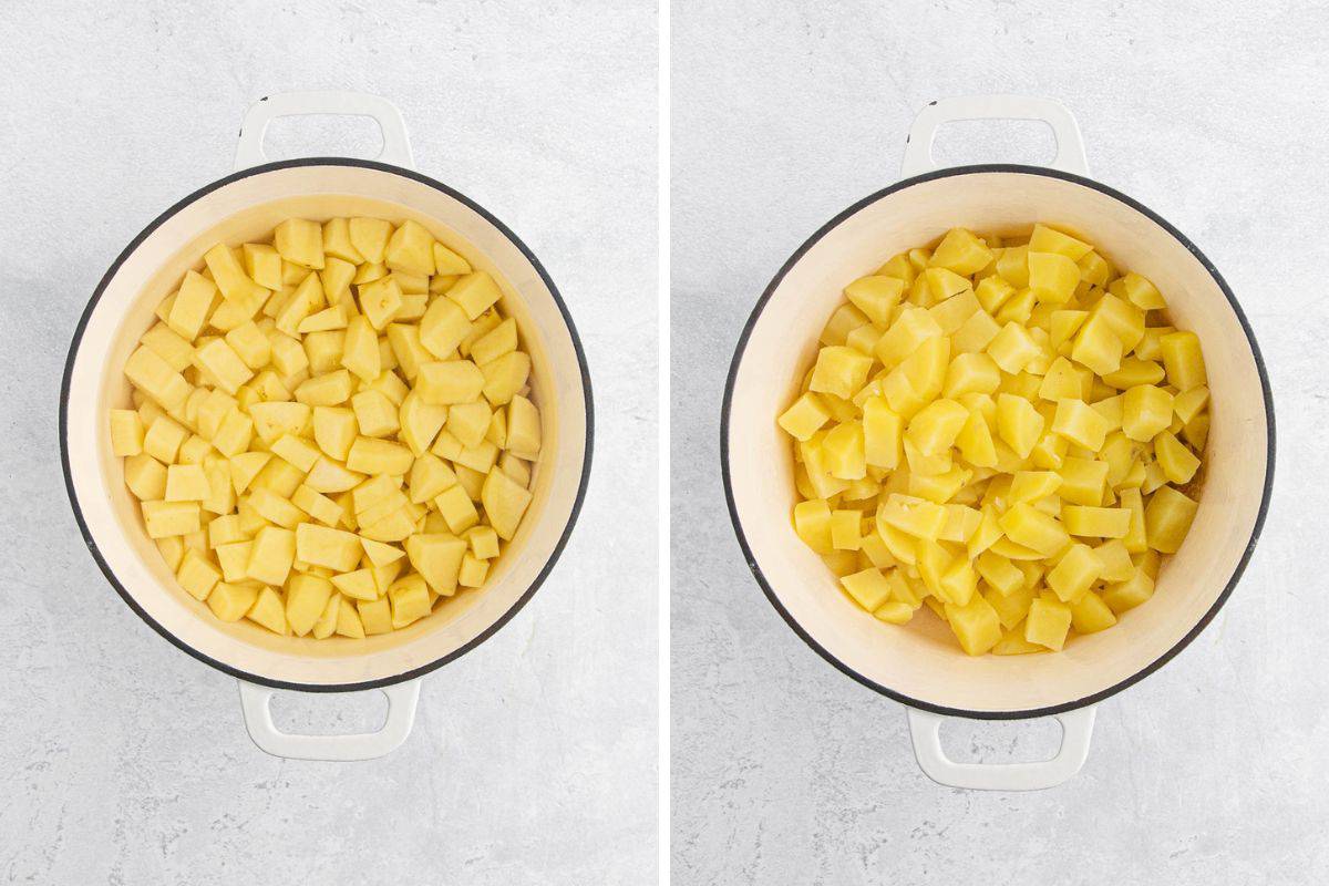 A collage of potatoes cooked on stovetop in boiling water then after once they are totally tender