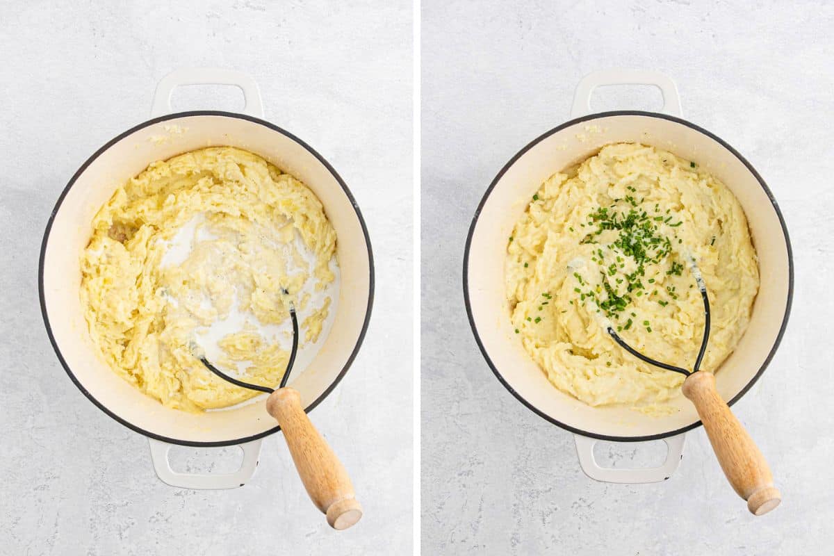 A collage of Potatoes being mashed with buttery garlic liquid and then seasonings being added