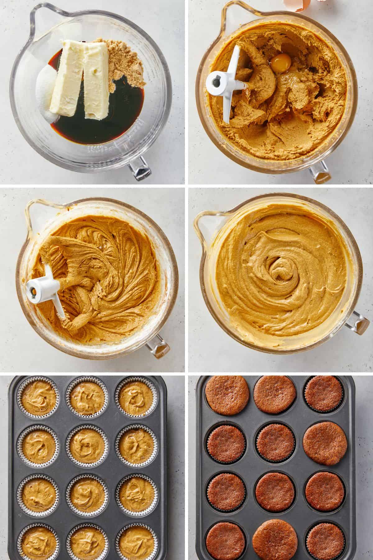 A collage of images showing the different steps of mixing the cupcakes and then placing them in a cupcake pan to bake.
