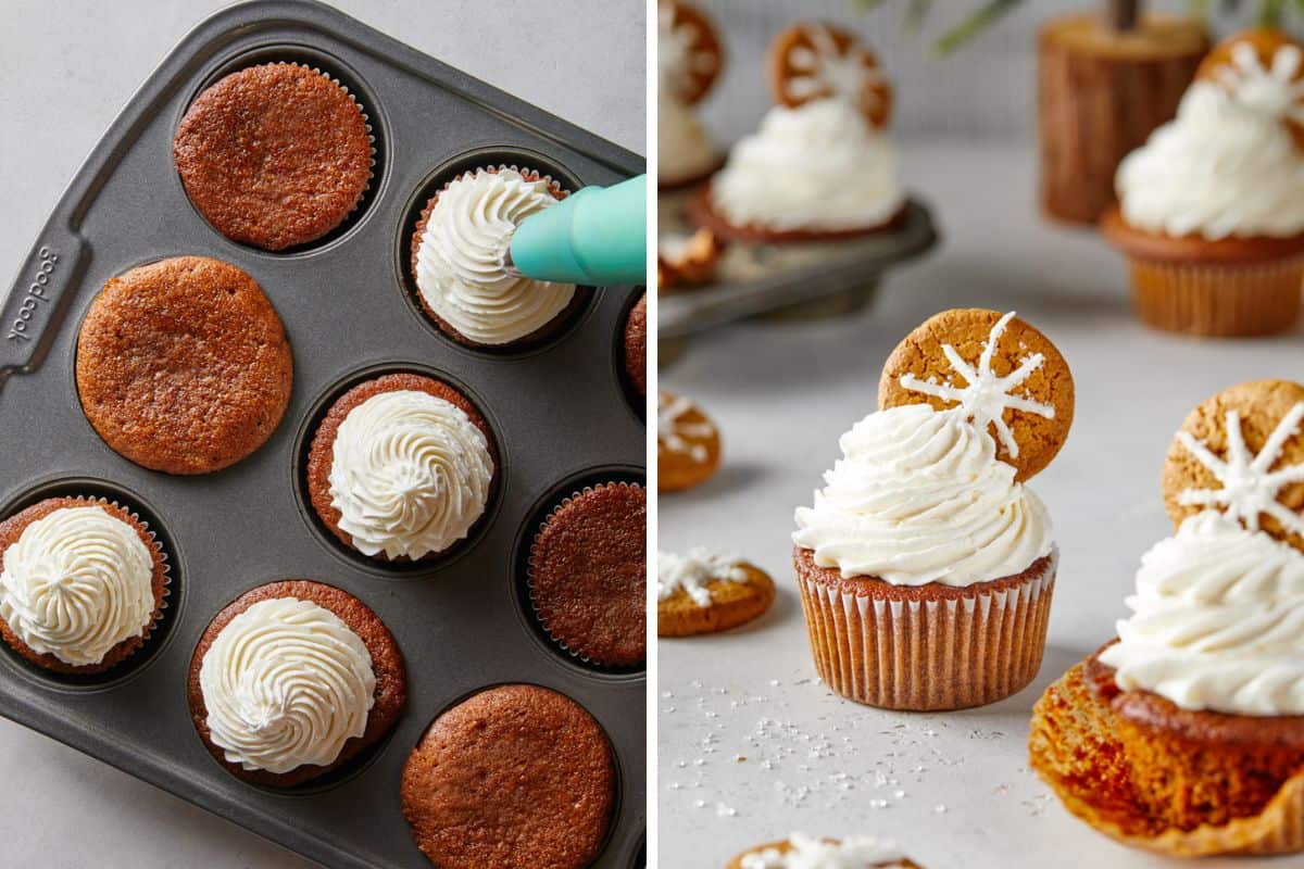 A collage of piping on the buttercream frosting and then the finished ginger cupcakes on the table.