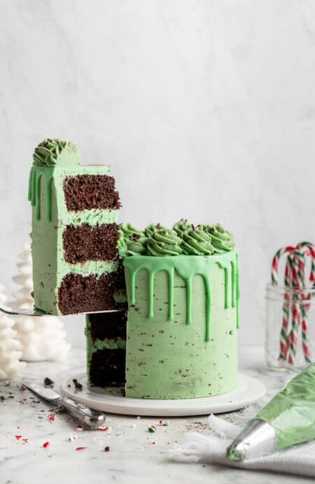 mint chocolate cake with a large slice being taken out