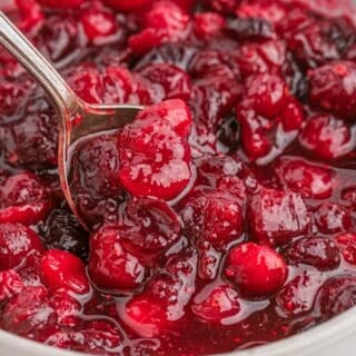 A spoon in a white bowl of fresh cranberry sauce recipe.