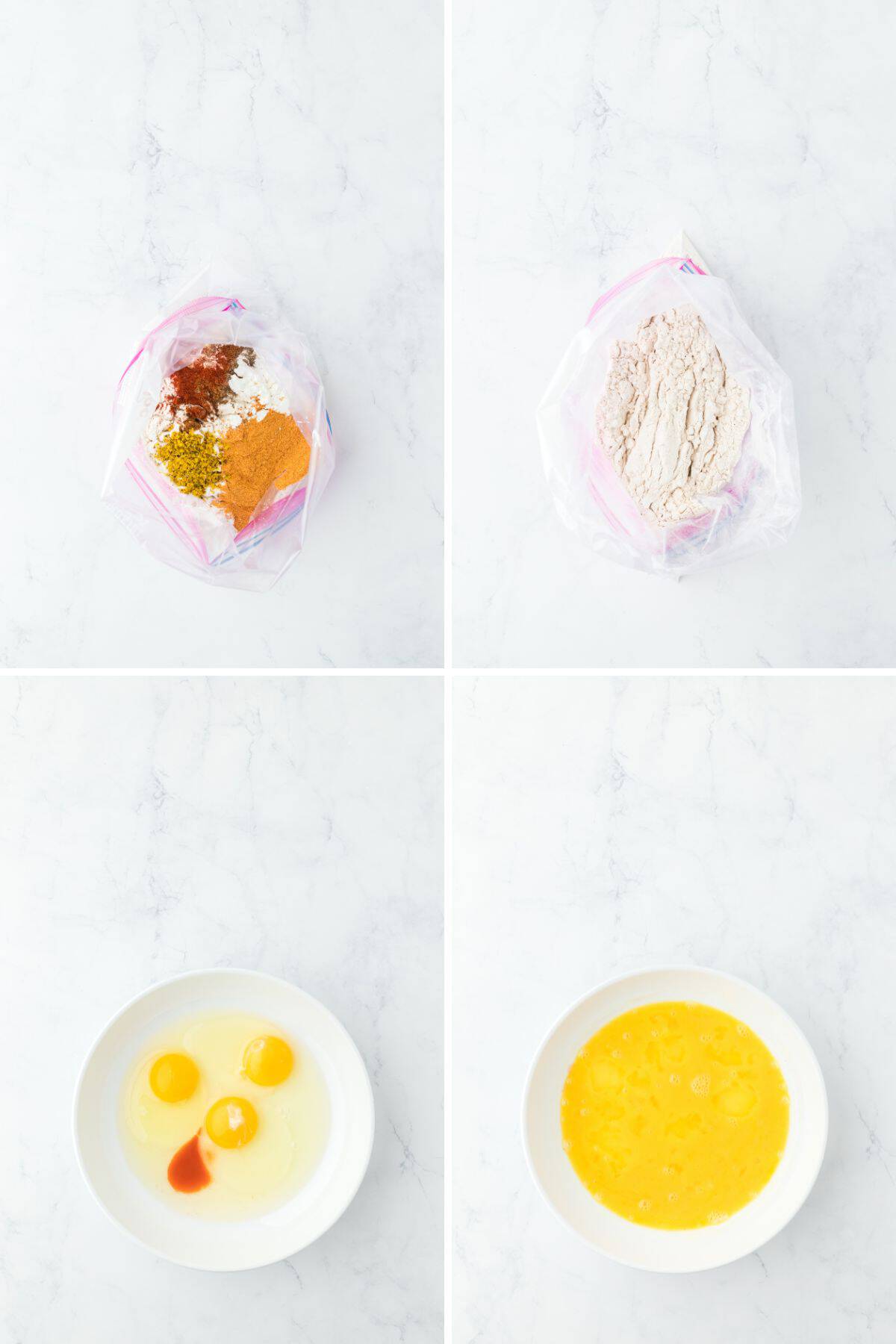A collage of seasonings being added to flour in a bag and combined then eggs and hot sauce whisked until combined in a bowl
