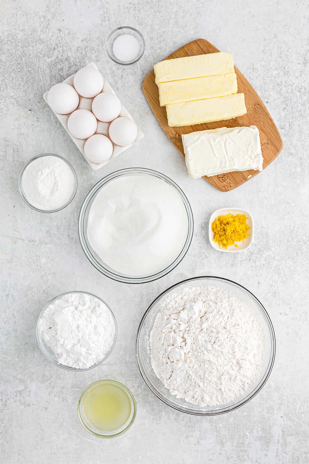 Ingredients to make the best lemon pound cake on the counter.