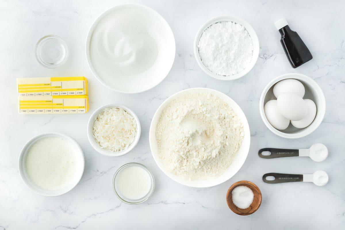 Overhead shot of ingredients to make Louisiana Crunch Cake on the table before mixing