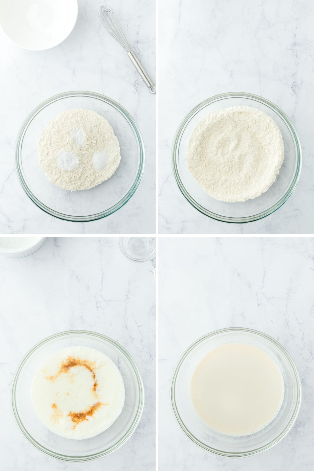 A step by step image collage on how to make Louisiana Crunch Cake with mixing the dry ingredients and mixing the wet ingredients