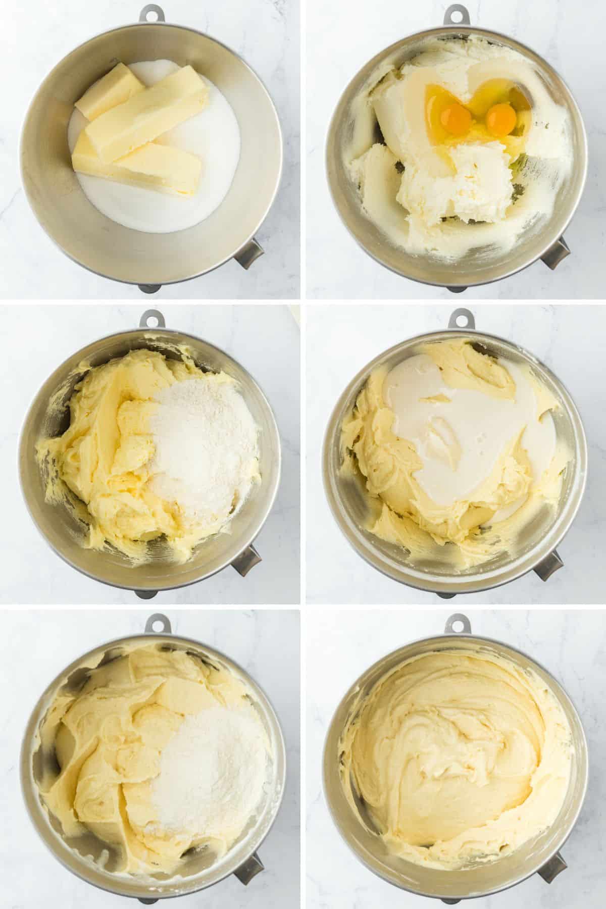 A step by step image collage on how to make Louisiana Crunch Cake with creaming the butter with the sugar, and mixing the rest of the ingredients for the batter