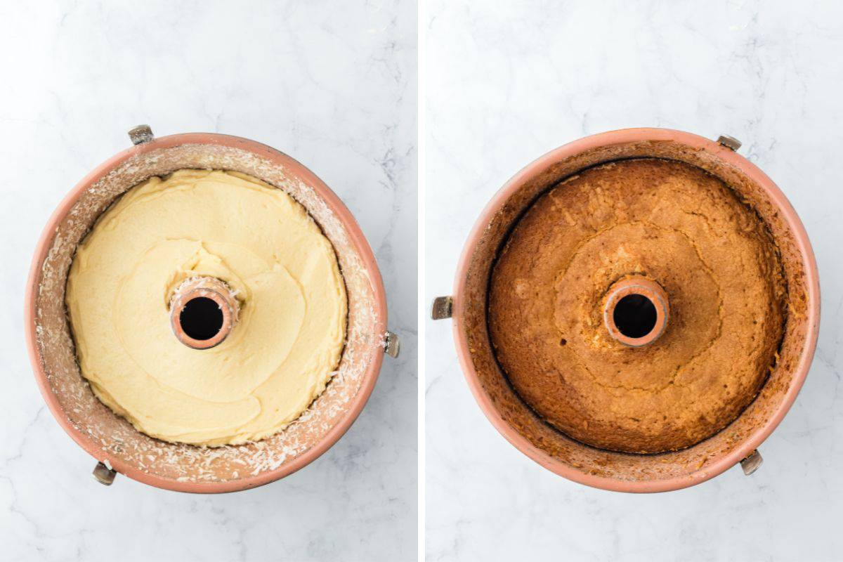 A step by step image collage on how to make Louisiana Crunch Cake with pouring the batter in the pan, and cooking the cake