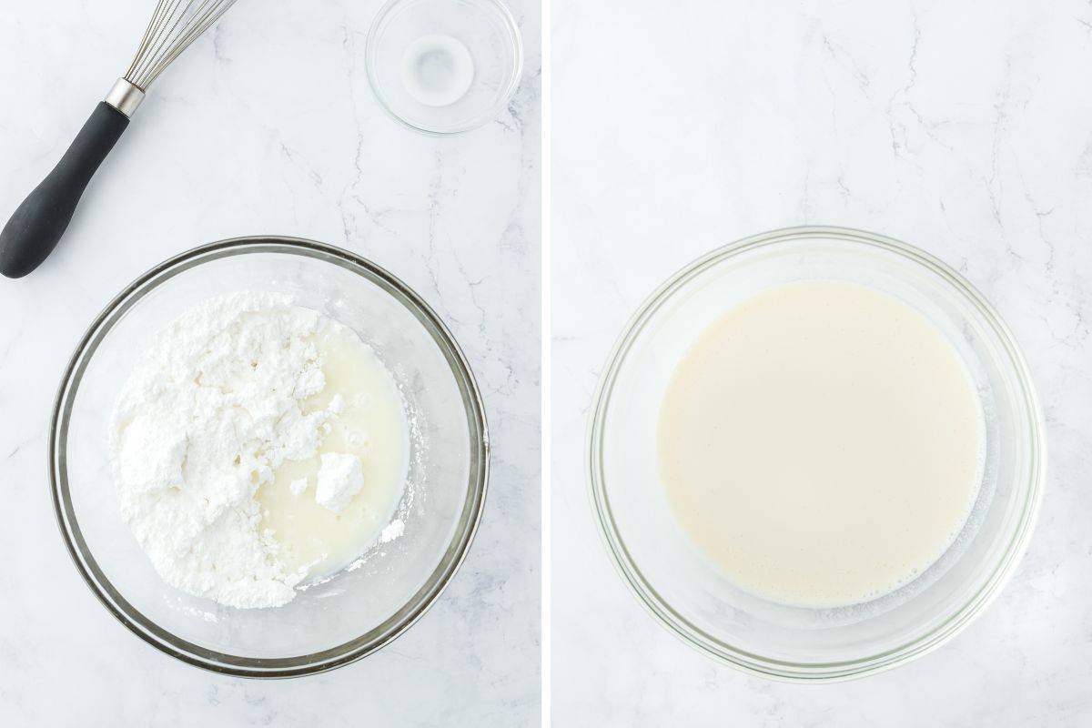 A step by step image collage on how to make Louisiana Crunch Cake with mixing the glaze
