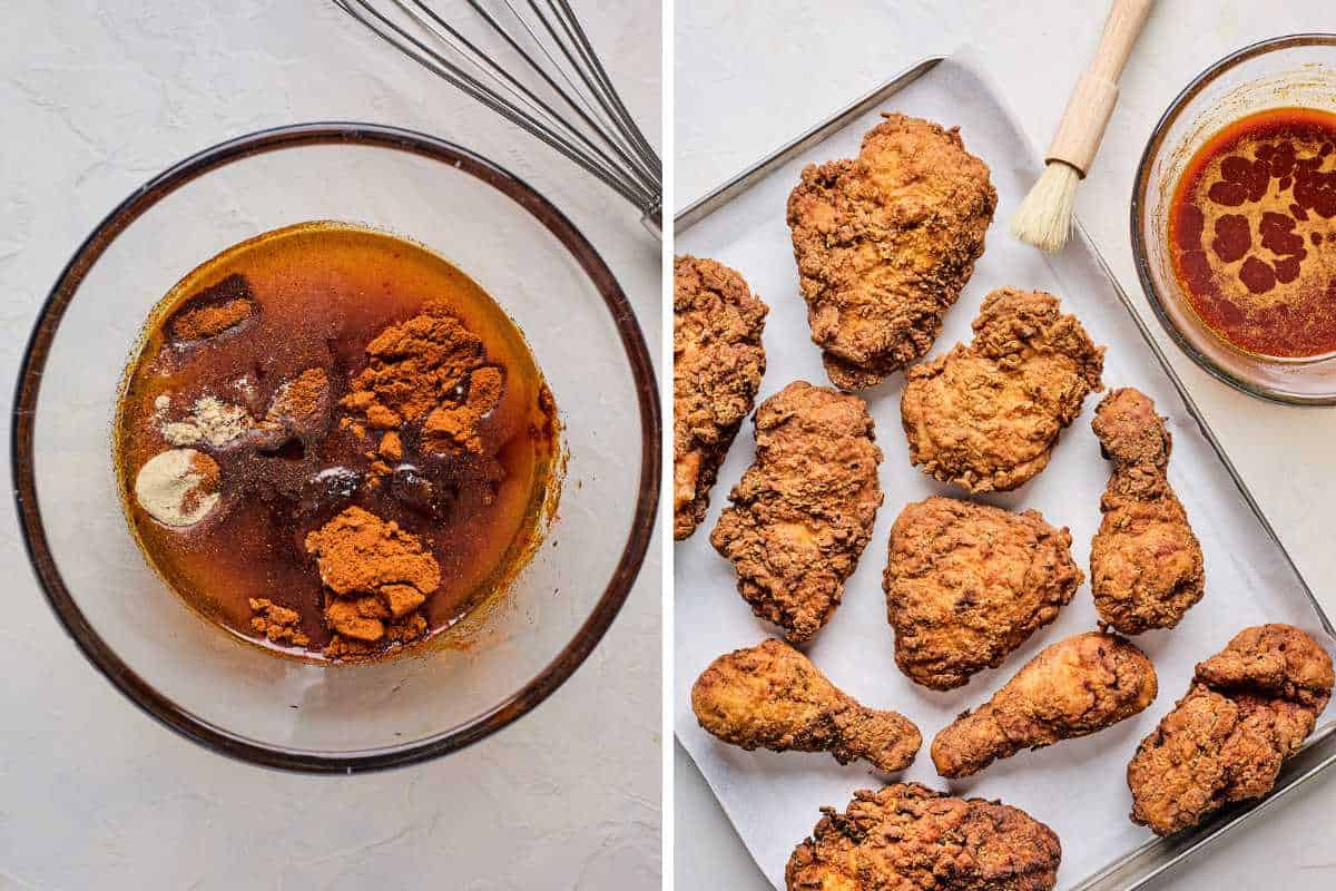 Nashville hot sauce in a bowl and then the bowl next to a pan of chicken before adding the sauce.