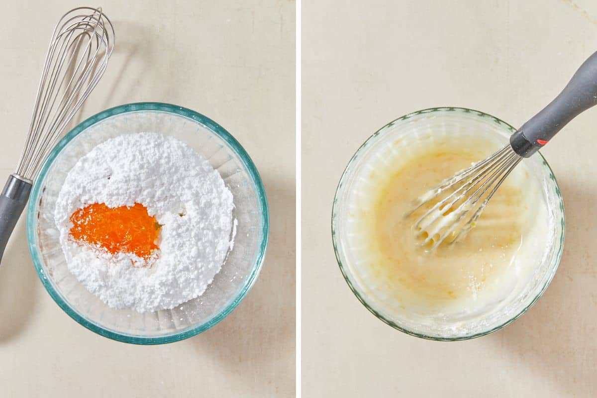 A step by step image collage on how to make the glaze for the peach cobbler pound cake with whisking together the glaze ingredients