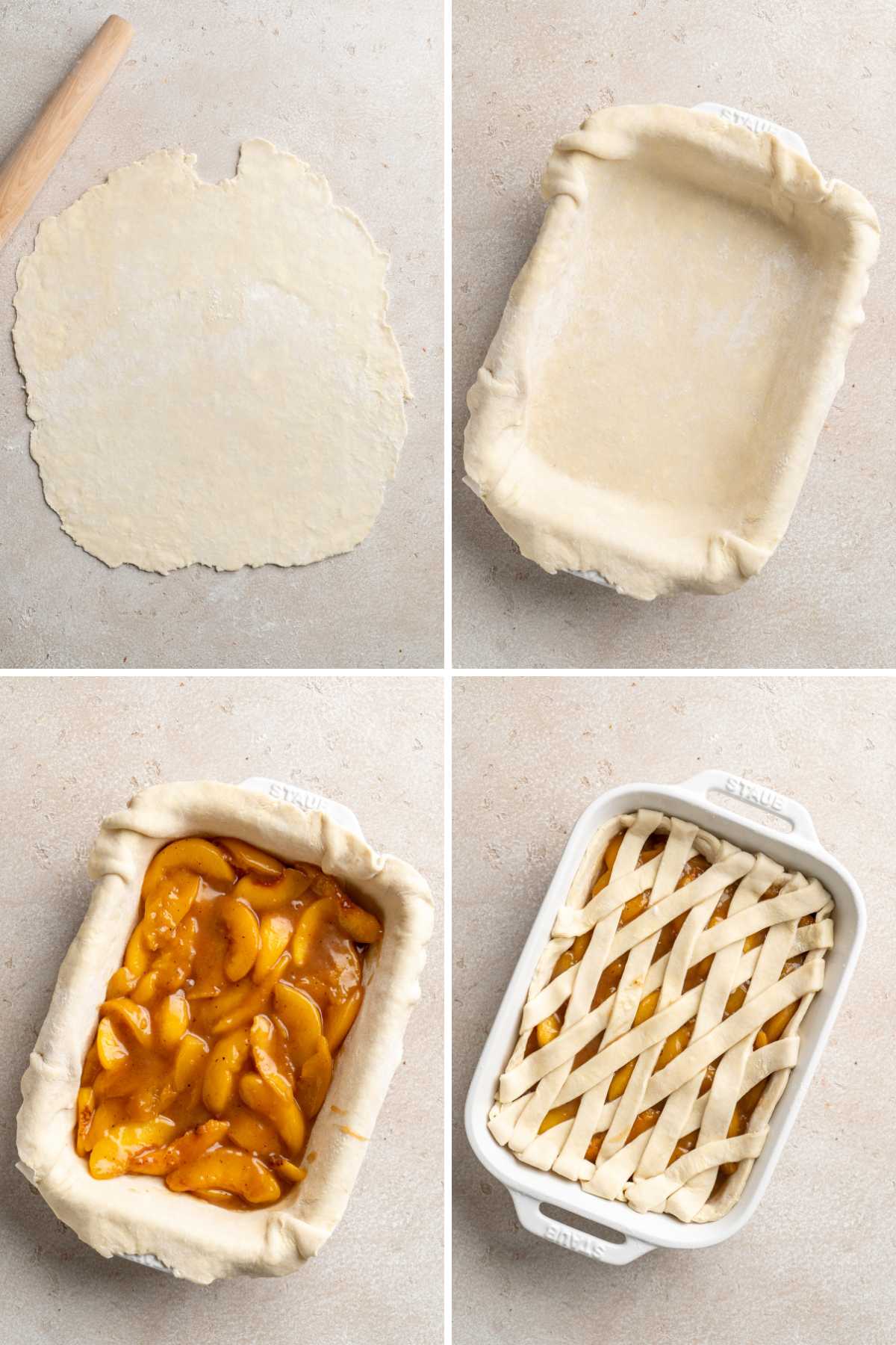 A collage of steps in making peach cobbler with rolling out the bottom crust then adding the peaches and topping with a lattice crust.