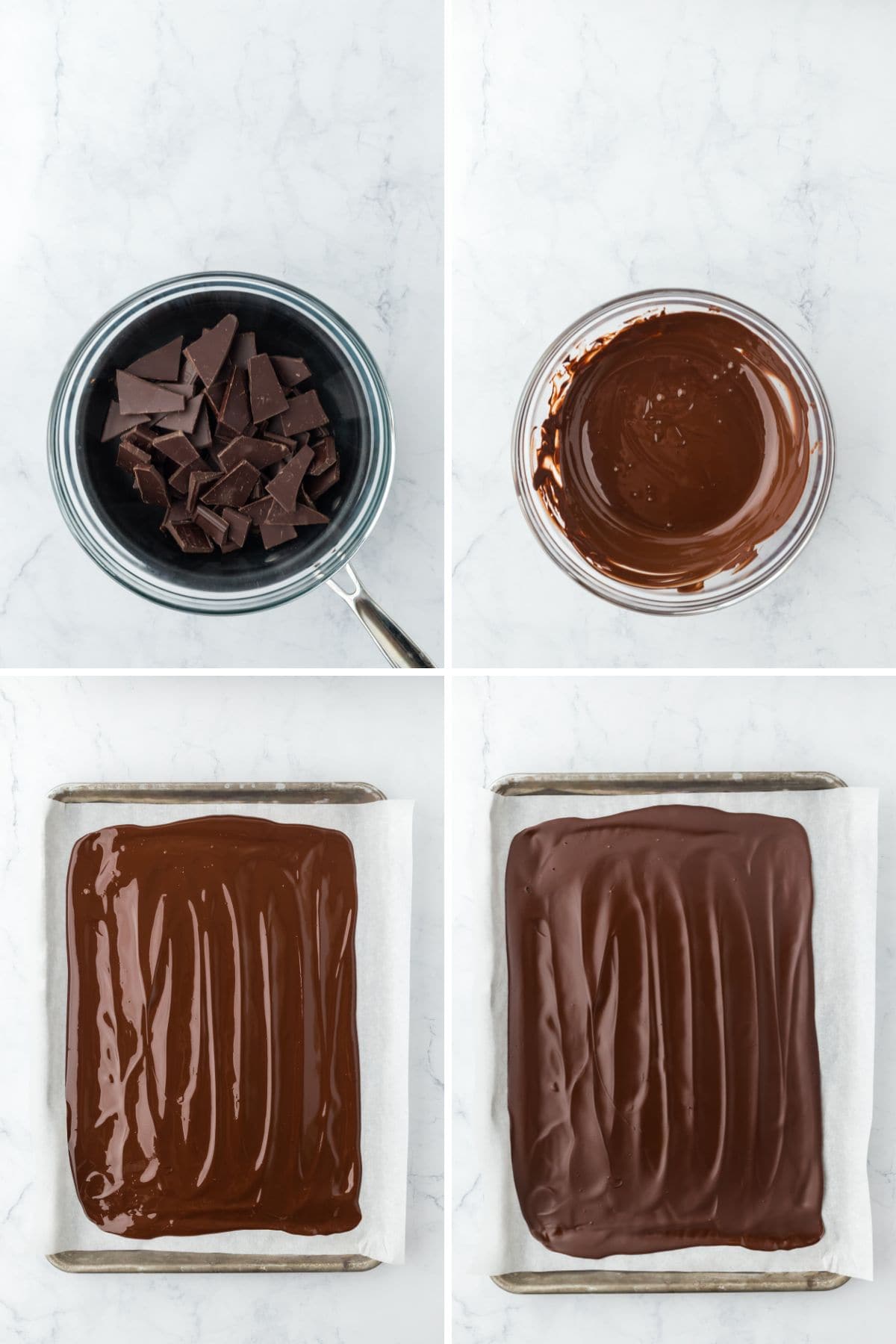Collage showing the steps for melting the chocolate and spreading it on a baking sheet.