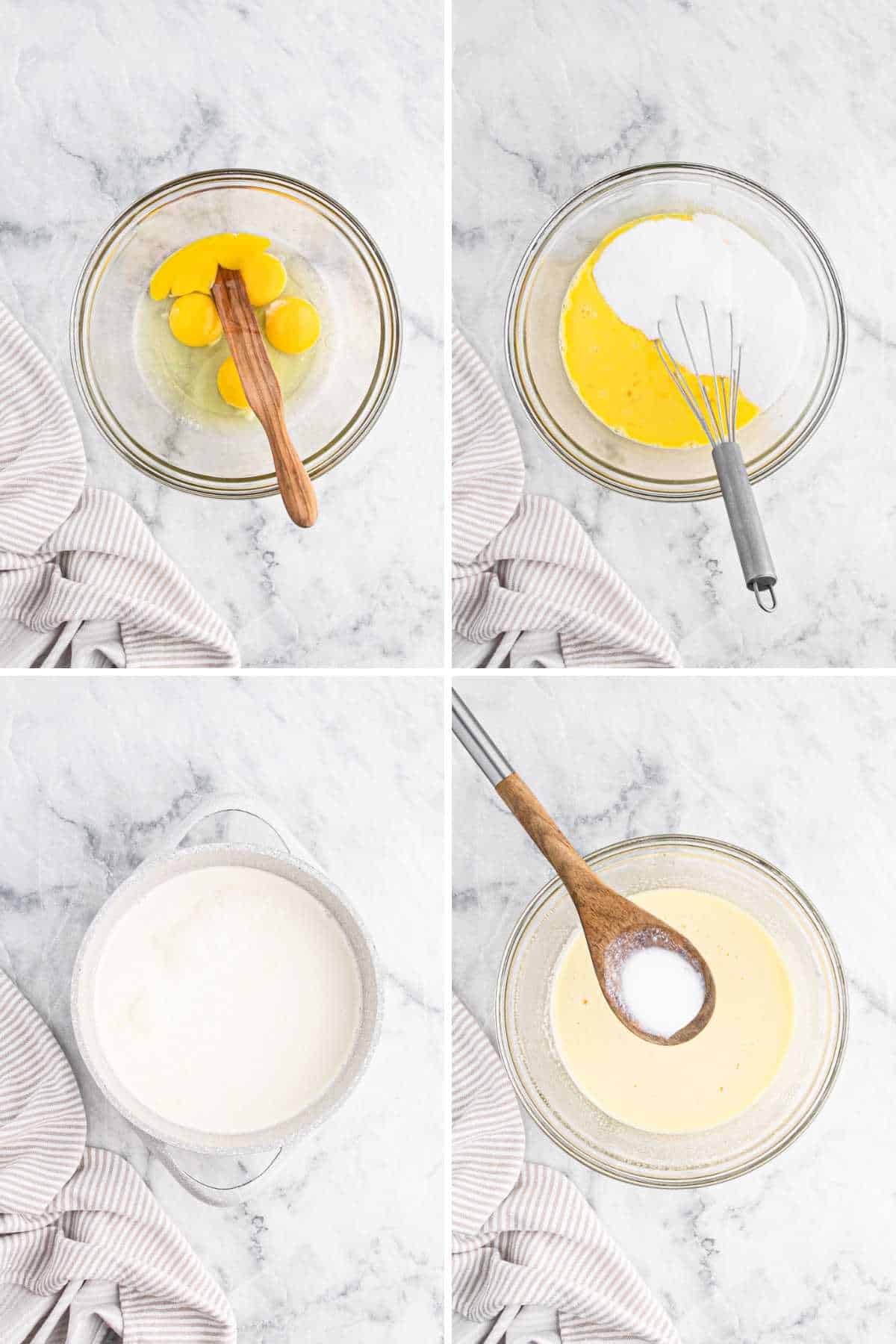 A collage of images showing mixing the eggs, adding the sugar, heating the milk and cream and adding it slowly to the egg mixture.
