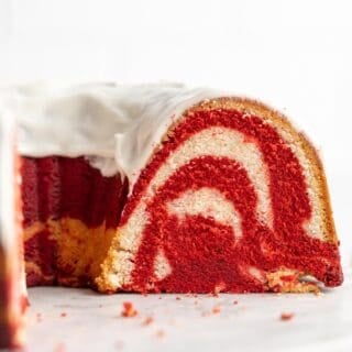 Red Velvet Marble Pound Cake Recipe slice in a cake