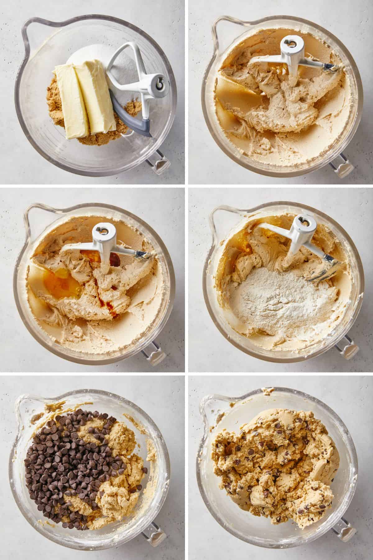 A collage of making salted caramel chocolate chip cookie dough from mixing the butter and sugar, adding the eggs, the flour, and then chips.