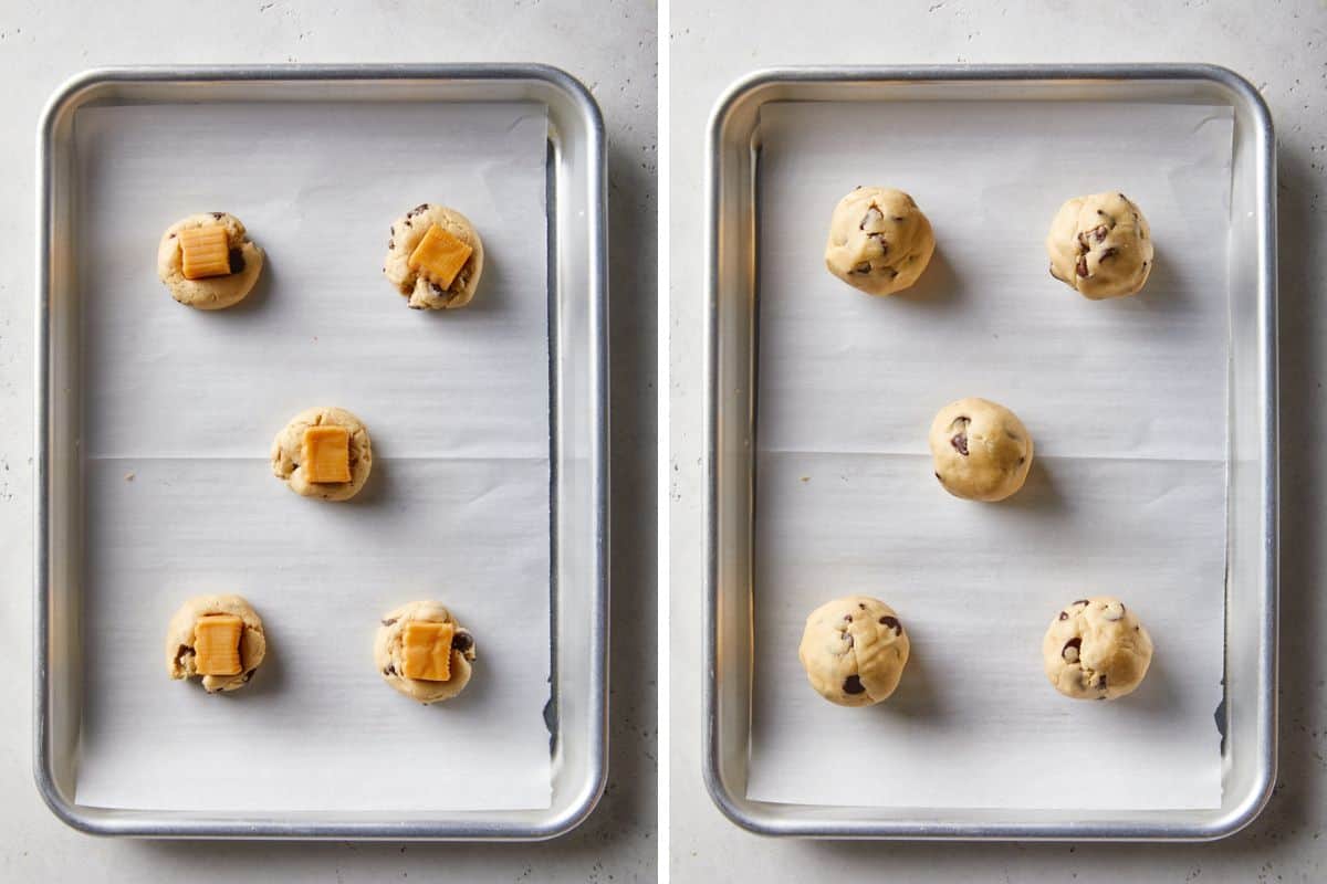 A collage of images showing the cookie dough with caramel on top and then rolled into a large ball.