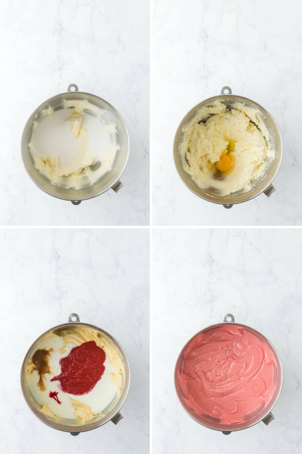A collage of cake batter being mixed in a stand mixer then strawberry puree being added until it turns smooth and pink