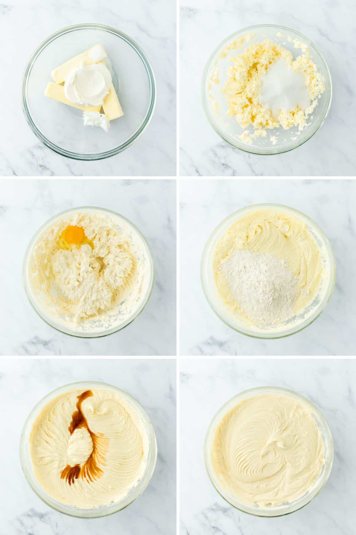 A step by step image collage on how to make strawberry shortcake pound cake with mixing all the ingredients for the cake batter