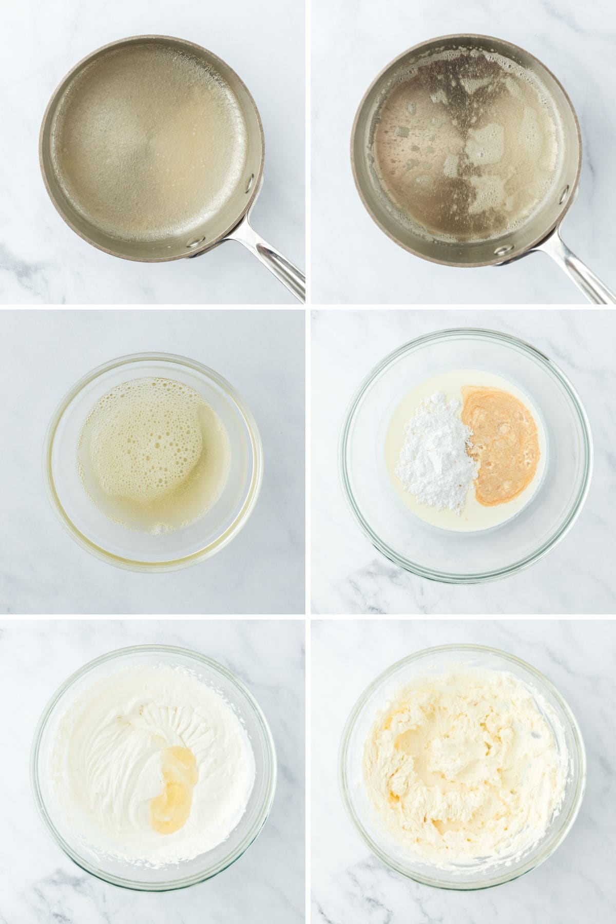 A step by step image collage on how to make strawberry shortcake pound cake with heating the gelatin for the whipped cream, mixing the gelatin with the rest of the whipped cream ingredients, and beating the mixture until it thickens