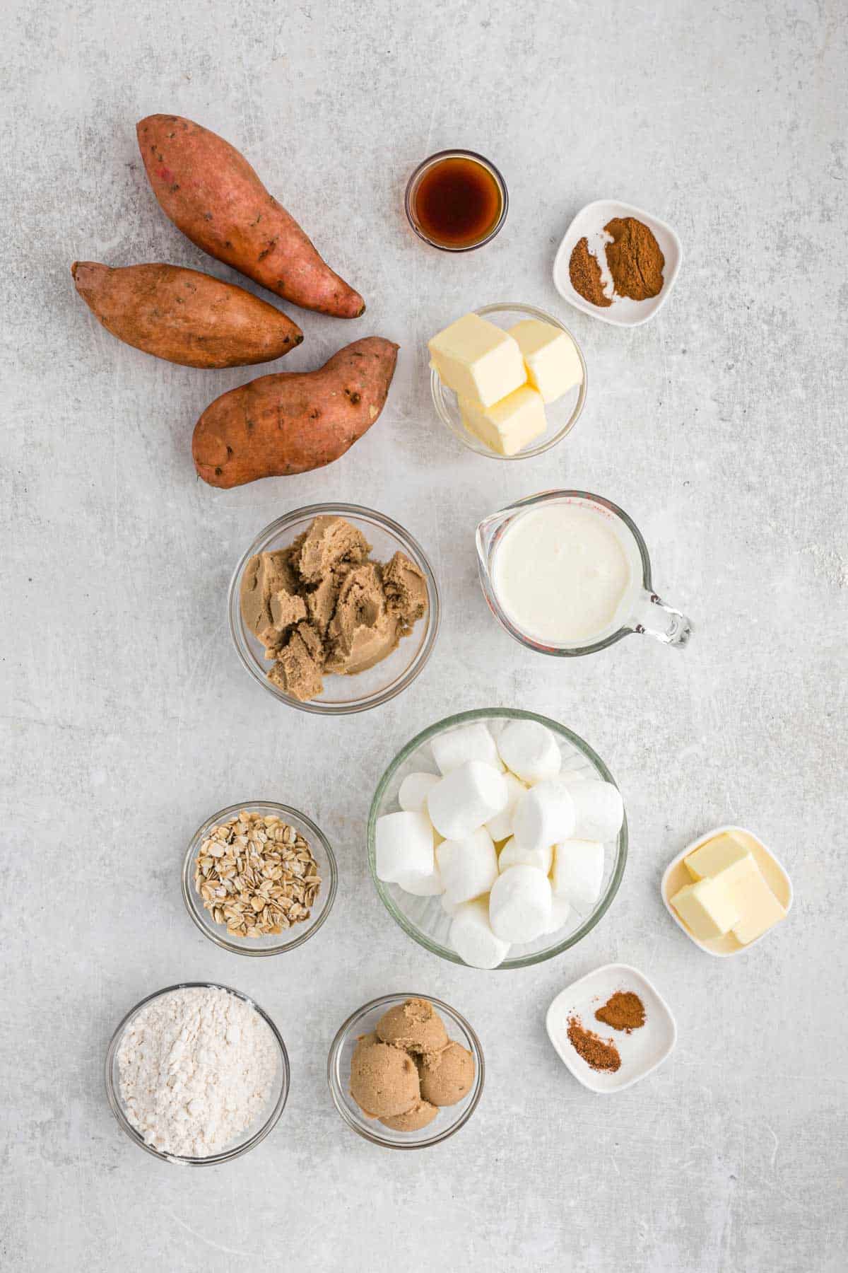 Ingredients to make southern sweet potato casserole on the counter.