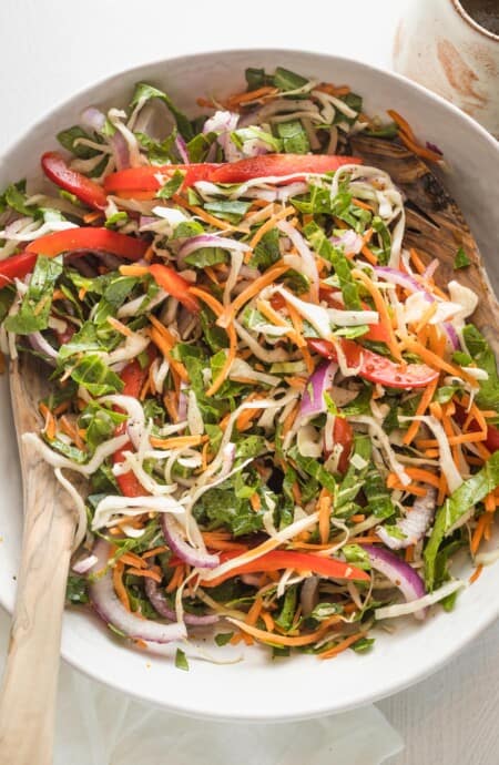 Vinegar coleslaw recipe in a large white bowl