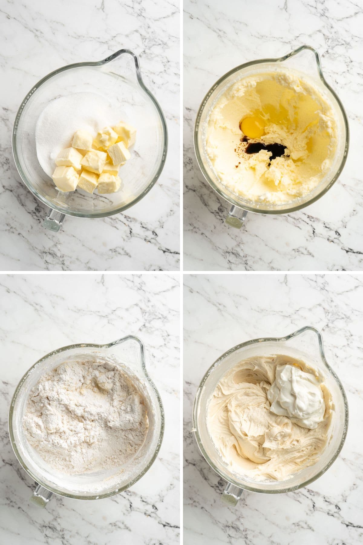 Collage of steps to make the batter for the white chocolate raspberry bundt cake